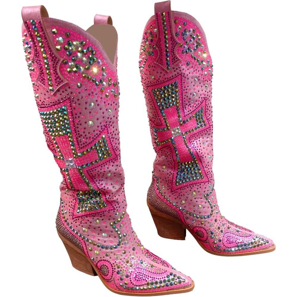 Women's Pink Fashion Rhinestone Cross Western Knee-High Cowboy Faux Leather Boot